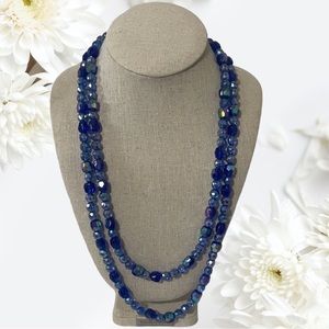 Blue Glass Beaded Double Strand Multi-Faceted Necklace Slide Lock Clasp Signed